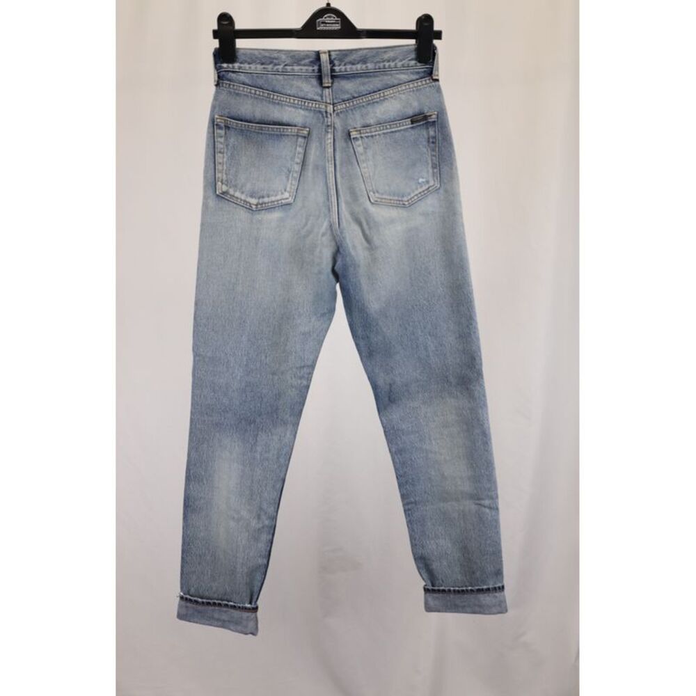 Saint Laurent Distressed Faded High-Rise Jeans in Blue Cotton Denim - Picture 3 of 4